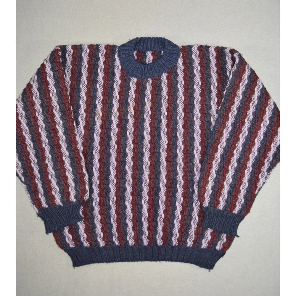 Vintage Wool Sweater Mens Large Striped Chunky Hand Knit Fisherman Crewneck